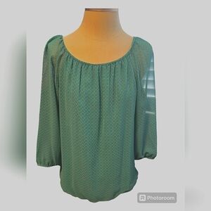 👚Anne taylor sheer sleeves green & gray  geometric blouse XS like new